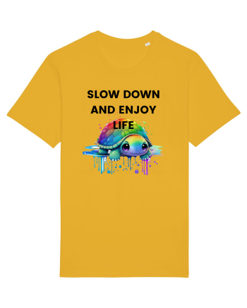 Broasca testoasa pictata in acuarela cu mesajul  Slow Down and Enjoy Life Spectra Yellow