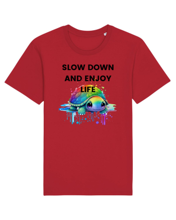 Broasca testoasa pictata in acuarela cu mesajul  Slow Down and Enjoy Life Red