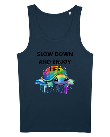 Broasca testoasa pictata in acuarela cu mesajul  Slow Down and Enjoy Life Navy