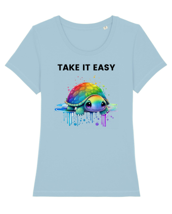 Broasca testoasa pictata in acuarela cu mesajul  Take it Easy Sky Blue