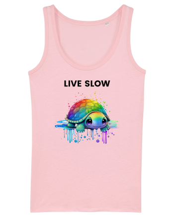 Broasca testoasa pictata in acuarela cu mesajul Live Slow Cotton Pink