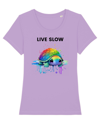 Broasca testoasa pictata in acuarela cu mesajul Live Slow Lavender Dawn