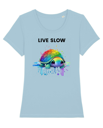 Broasca testoasa pictata in acuarela cu mesajul Live Slow Sky Blue