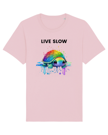 Broasca testoasa pictata in acuarela cu mesajul Live Slow Cotton Pink