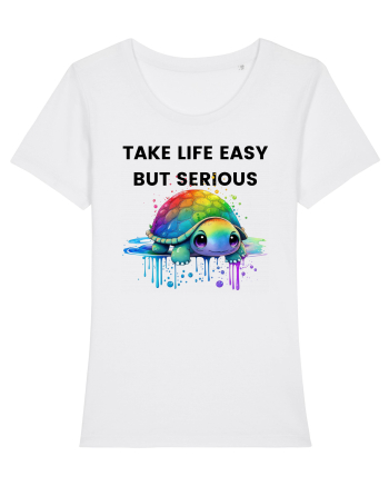 Broasca testoasa pictata in acuarela cu mesajul Take Life Easy but Serious White