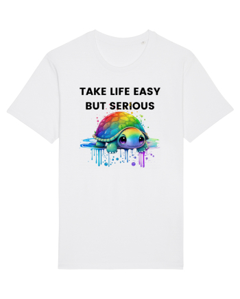 Broasca testoasa pictata in acuarela cu mesajul Take Life Easy but Serious White