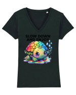 Broasca testoasa pictata in acuarela cu mesajul  Slow Down and Enjoy Life Tricou mânecă scurtă guler V Damă Evoker