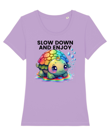 Broasca testoasa pictata in acuarela cu mesajul  Slow Down and Enjoy Life Lavender Dawn