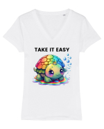 Broasca testoasa pictata in acuarela cu mesajul  Take it Easy Tricou mânecă scurtă guler V Damă Evoker