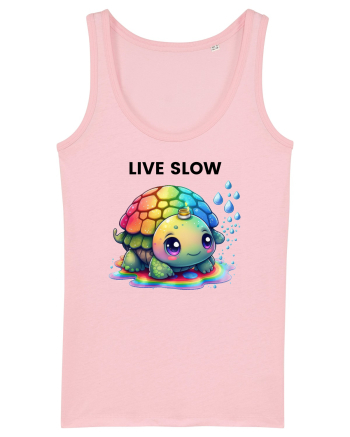 Broasca testoasa pictata in acuarela cu mesajul Live Slow Cotton Pink