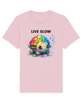 Broasca testoasa pictata in acuarela cu mesajul Live Slow Cotton Pink