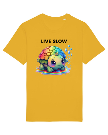 Broasca testoasa pictata in acuarela cu mesajul Live Slow Spectra Yellow