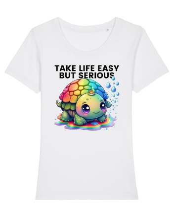 Broasca testoasa pictata in acuarela cu mesajul Take Life Easy but Serious White