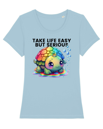 Broasca testoasa pictata in acuarela cu mesajul Take Life Easy but Serious Sky Blue