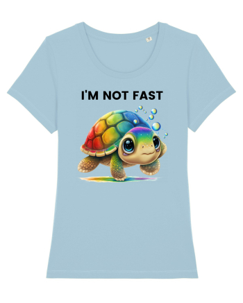 Broasca testoasa pictata in acuarela cu mesajul   I'm not fast Sky Blue