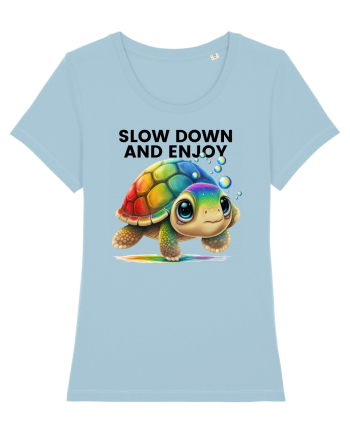 Broasca testoasa pictata in acuarela cu mesajul  Slow Down and Enjoy Life Sky Blue