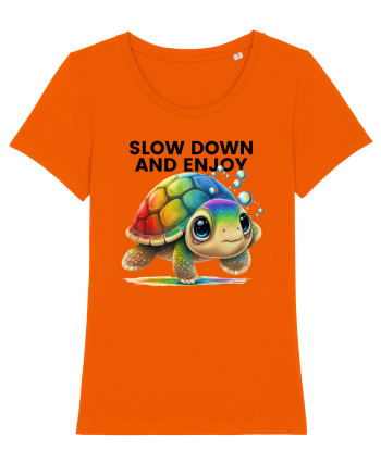 Broasca testoasa pictata in acuarela cu mesajul  Slow Down and Enjoy Life Bright Orange