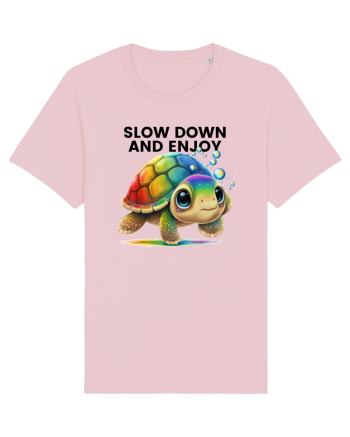 Broasca testoasa pictata in acuarela cu mesajul  Slow Down and Enjoy Life Cotton Pink