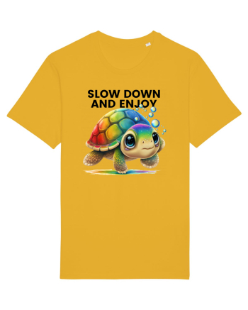 Broasca testoasa pictata in acuarela cu mesajul  Slow Down and Enjoy Life Spectra Yellow