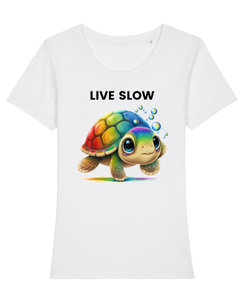 Broasca testoasa pictata in acuarela cu mesajul Live Slow White