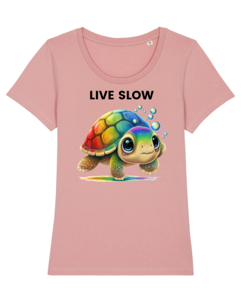 Broasca testoasa pictata in acuarela cu mesajul Live Slow Canyon Pink