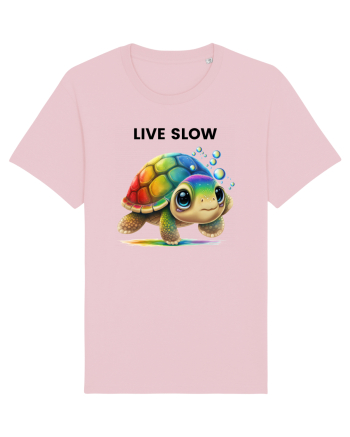 Broasca testoasa pictata in acuarela cu mesajul Live Slow Cotton Pink