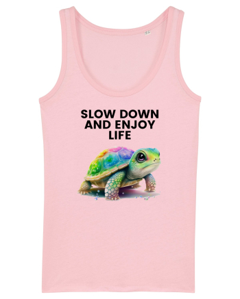 Broasca testoasa pictata in acuarela cu mesajul  Slow Down and Enjoy Life Cotton Pink