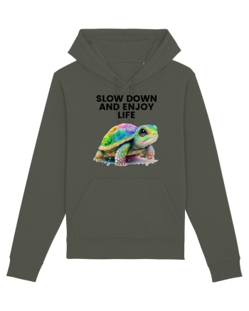 Broasca testoasa pictata in acuarela cu mesajul  Slow Down and Enjoy Life Khaki