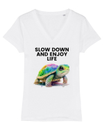 Broasca testoasa pictata in acuarela cu mesajul  Slow Down and Enjoy Life Tricou mânecă scurtă guler V Damă Evoker