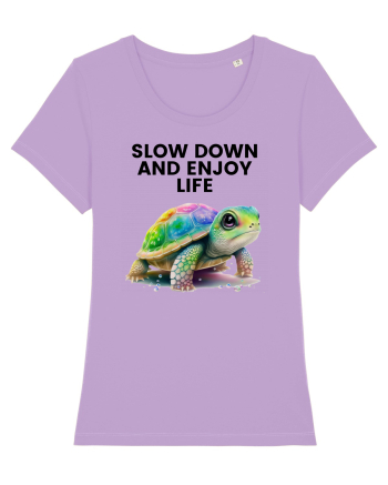 Broasca testoasa pictata in acuarela cu mesajul  Slow Down and Enjoy Life Lavender Dawn