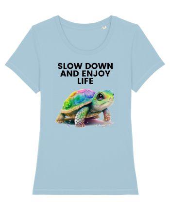 Broasca testoasa pictata in acuarela cu mesajul  Slow Down and Enjoy Life Sky Blue
