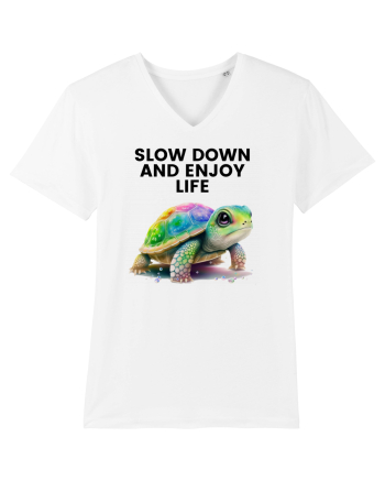 Broasca testoasa pictata in acuarela cu mesajul  Slow Down and Enjoy Life White