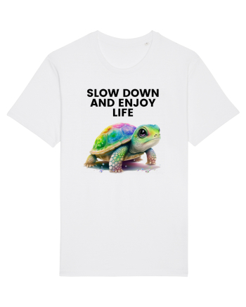 Broasca testoasa pictata in acuarela cu mesajul  Slow Down and Enjoy Life White