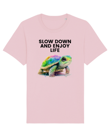 Broasca testoasa pictata in acuarela cu mesajul  Slow Down and Enjoy Life Cotton Pink
