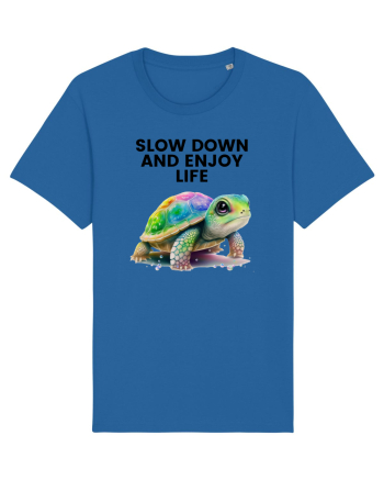 Broasca testoasa pictata in acuarela cu mesajul  Slow Down and Enjoy Life Royal Blue