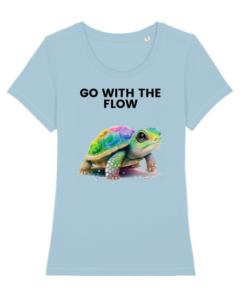 Broasca testoasa pictata in acuarela cu mesajul  Go with the Flow Sky Blue
