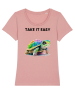 Broasca testoasa pictata in acuarela cu mesajul  Take it Easy Tricou mânecă scurtă guler larg fitted Damă Expresser