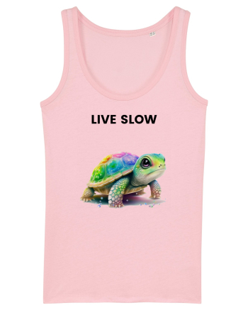 Broasca testoasa pictata in acuarela cu mesajul Live Slow Cotton Pink