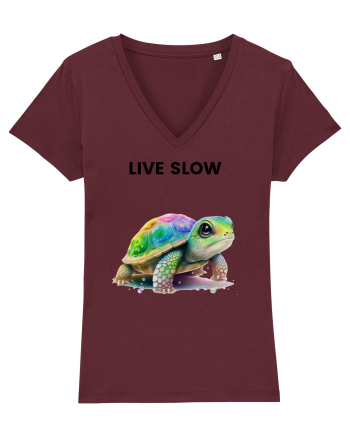 Broasca testoasa pictata in acuarela cu mesajul Live Slow Burgundy