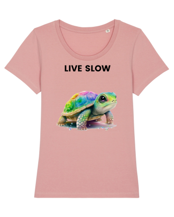 Broasca testoasa pictata in acuarela cu mesajul Live Slow Canyon Pink