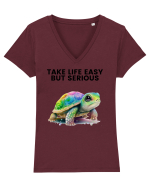 Broasca testoasa pictata in acuarela cu mesajul Take Life Easy but Serious Tricou mânecă scurtă guler V Damă Evoker