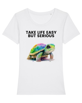 Broasca testoasa pictata in acuarela cu mesajul Take Life Easy but Serious White
