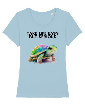Broasca testoasa pictata in acuarela cu mesajul Take Life Easy but Serious Sky Blue