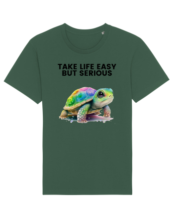 Broasca testoasa pictata in acuarela cu mesajul Take Life Easy but Serious Bottle Green