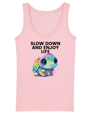 Broasca testoasa pictata in acuarela cu mesajul  Slow Down and Enjoy Life Cotton Pink