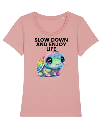 Broasca testoasa pictata in acuarela cu mesajul  Slow Down and Enjoy Life Canyon Pink