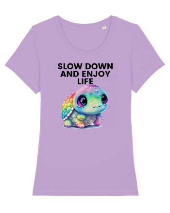 Broasca testoasa pictata in acuarela cu mesajul  Slow Down and Enjoy Life Lavender Dawn