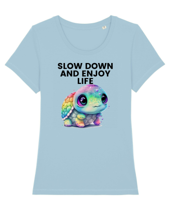 Broasca testoasa pictata in acuarela cu mesajul  Slow Down and Enjoy Life Sky Blue