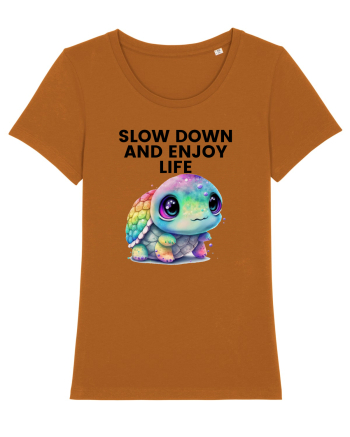 Broasca testoasa pictata in acuarela cu mesajul  Slow Down and Enjoy Life Roasted Orange