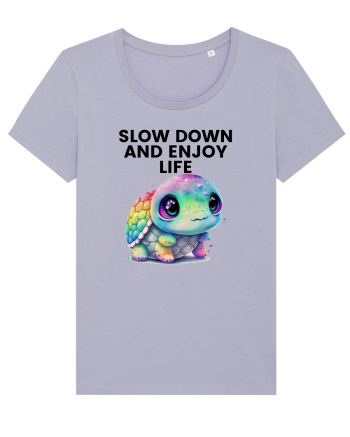 Broasca testoasa pictata in acuarela cu mesajul  Slow Down and Enjoy Life Lavender